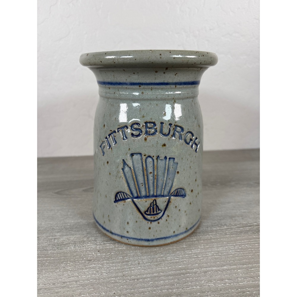 Pottery Pittsburgh Love Salt Glaze Stoneware Crock Utensil Holder Grey Vase
